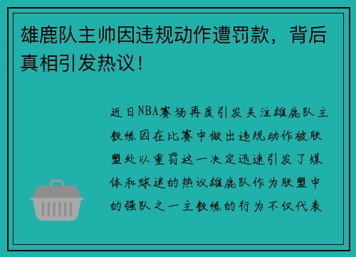 雄鹿队主帅因违规动作遭罚款，背后真相引发热议！